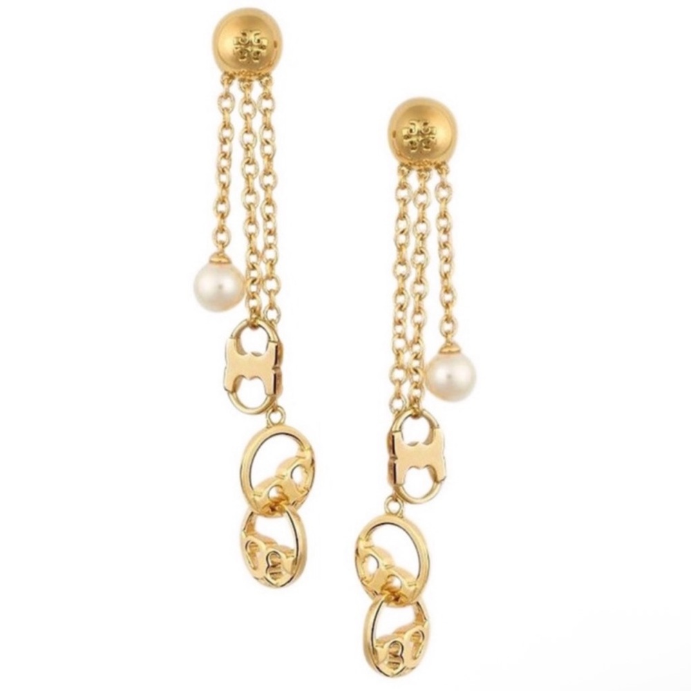 NIP TORY BURCH Multi Logo Dangle Charm Pearl Drop Earrings comes with Dust Bag